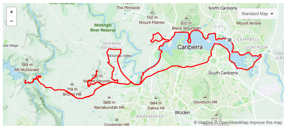 Lake BG to Cotter and Return. Optional Dairy Farmers Hill and Mt Stromlo Climb